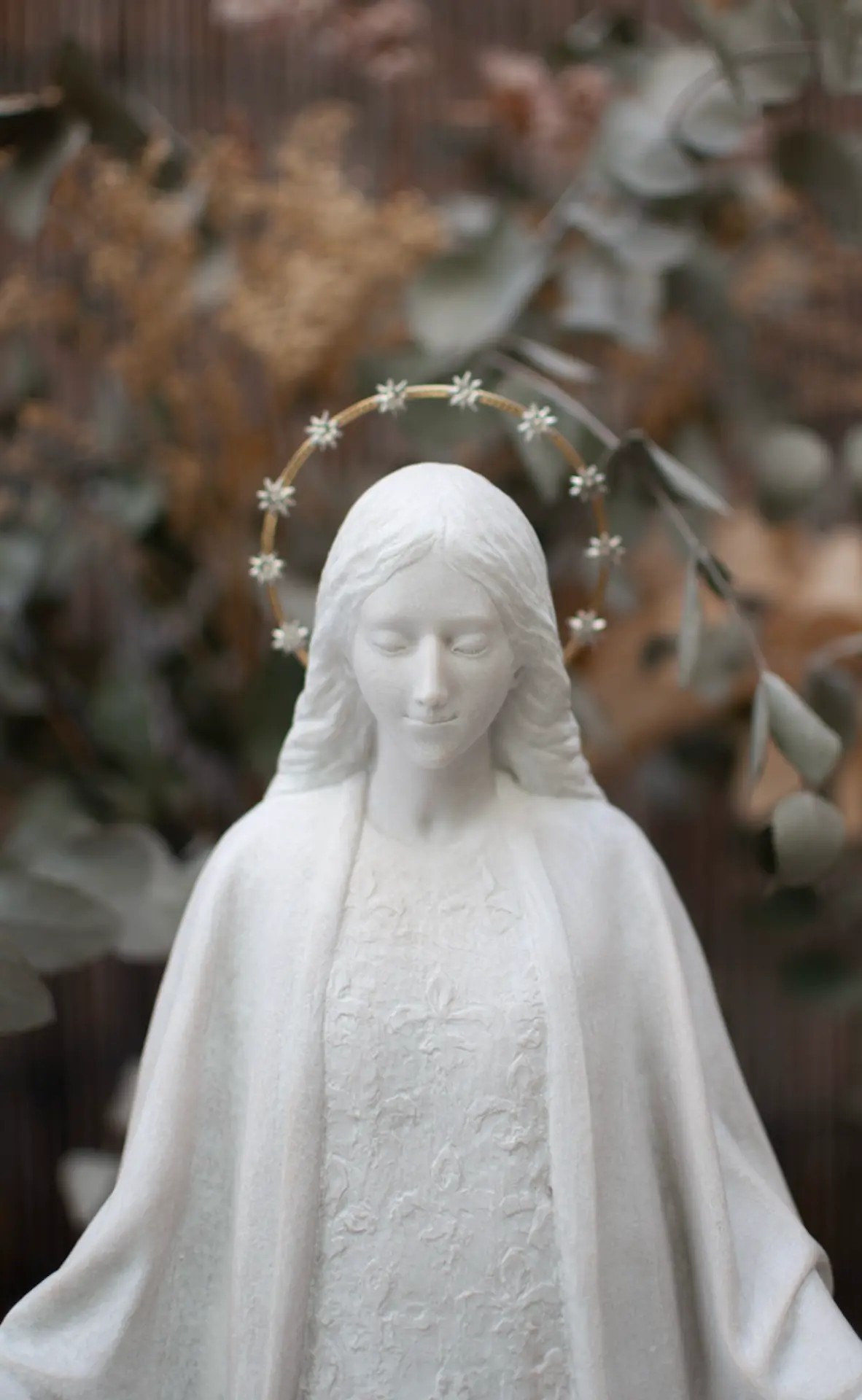 Virgen de Garabandal con aureola de estrellas, en el exterior ante un fondo de hojas.