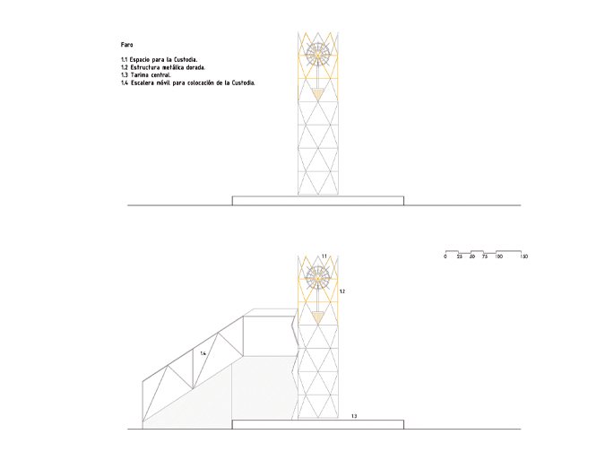 Boceto del faro eucarístico: alzados de la columna triangulada con la custodia en lo alto.