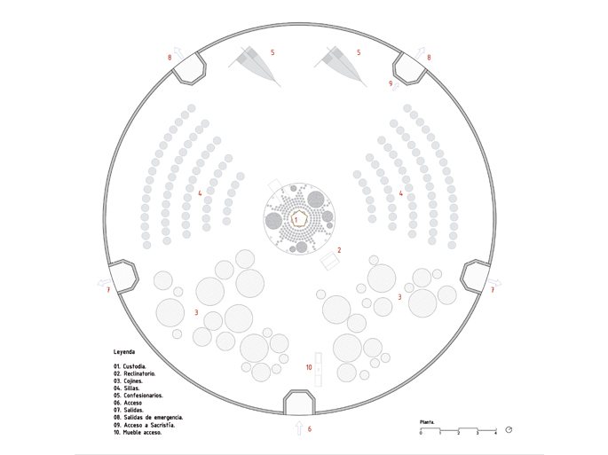 Planta circular del domo con el faro en el centro, las esteras y los asientos alrededor.
