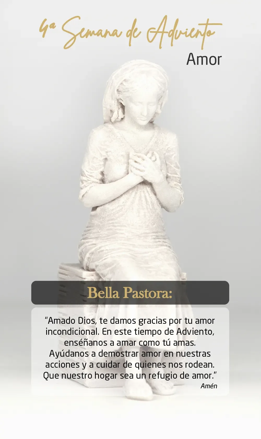 Lámina del cuarto domingo de Adviento: la Bella Pastora, sentada y con velo, las manos recogidas junto al pecho.