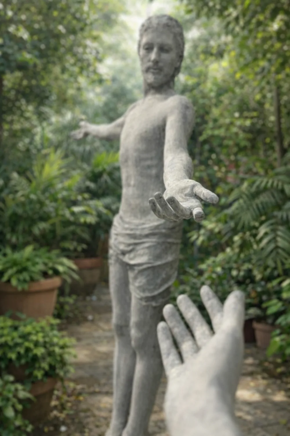 El Cristo Resucitado en un jardín, tendiendo la mano hacia otra mano abierta.