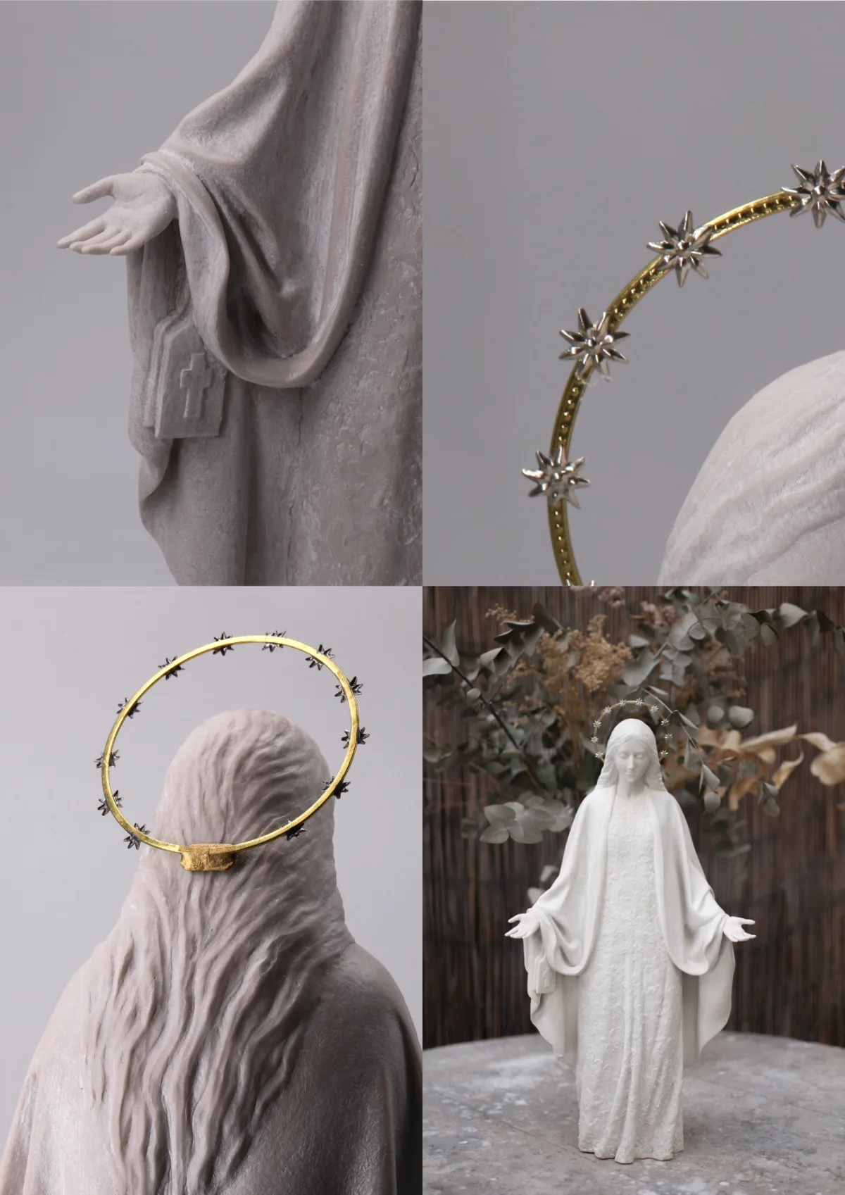 Composición de cuatro detalles de la Virgen del Carmen de Garabandal: el manto con el escapulario, dos vistas de la aureola de estrellas y la talla entera ante un fondo de eucalipto.